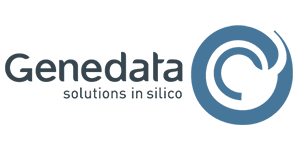 Company logo with blue circle with text 'Genedata solutions in silico'