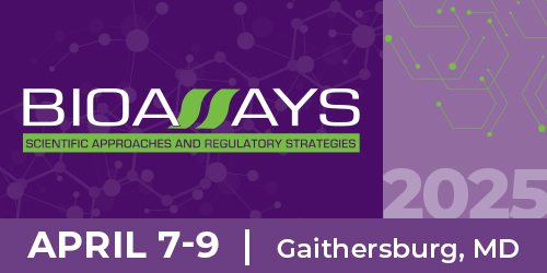 Purple graphic with text 'Bioassays April 7-9, 2025 Gaithersburg, MD'