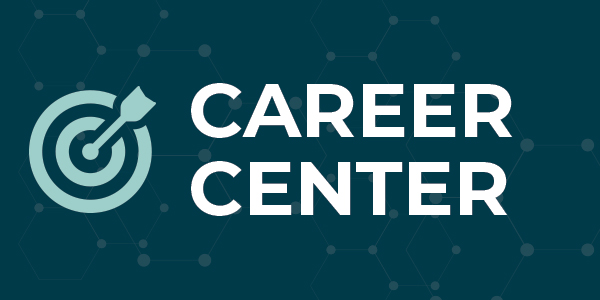 Dark blue green graphic with icon of arrow in target and text 'Career Center'