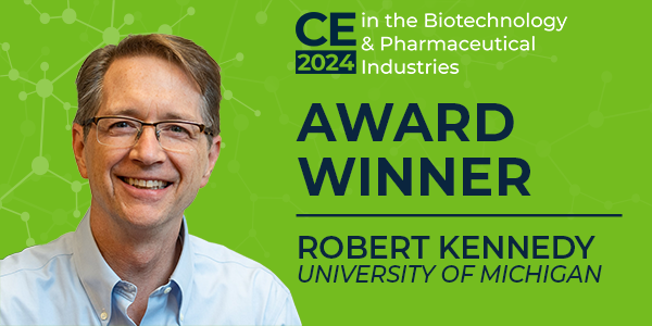 Bright green graphic and image of male with text 'CE Pharm 2024 Award Winner Robert Kennedy, University of Michigan'