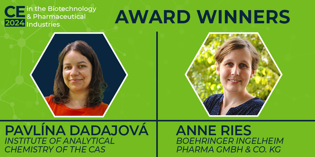 Bright green graphic and image of two females with text 'CE Pharm 2024 NGI Award Winners Pavlina Dadajova, Institute of Analytical Chemistry of the CAS, Anne Ries, Boehringer Ingelheim Pharma GmbH & Co. KG'