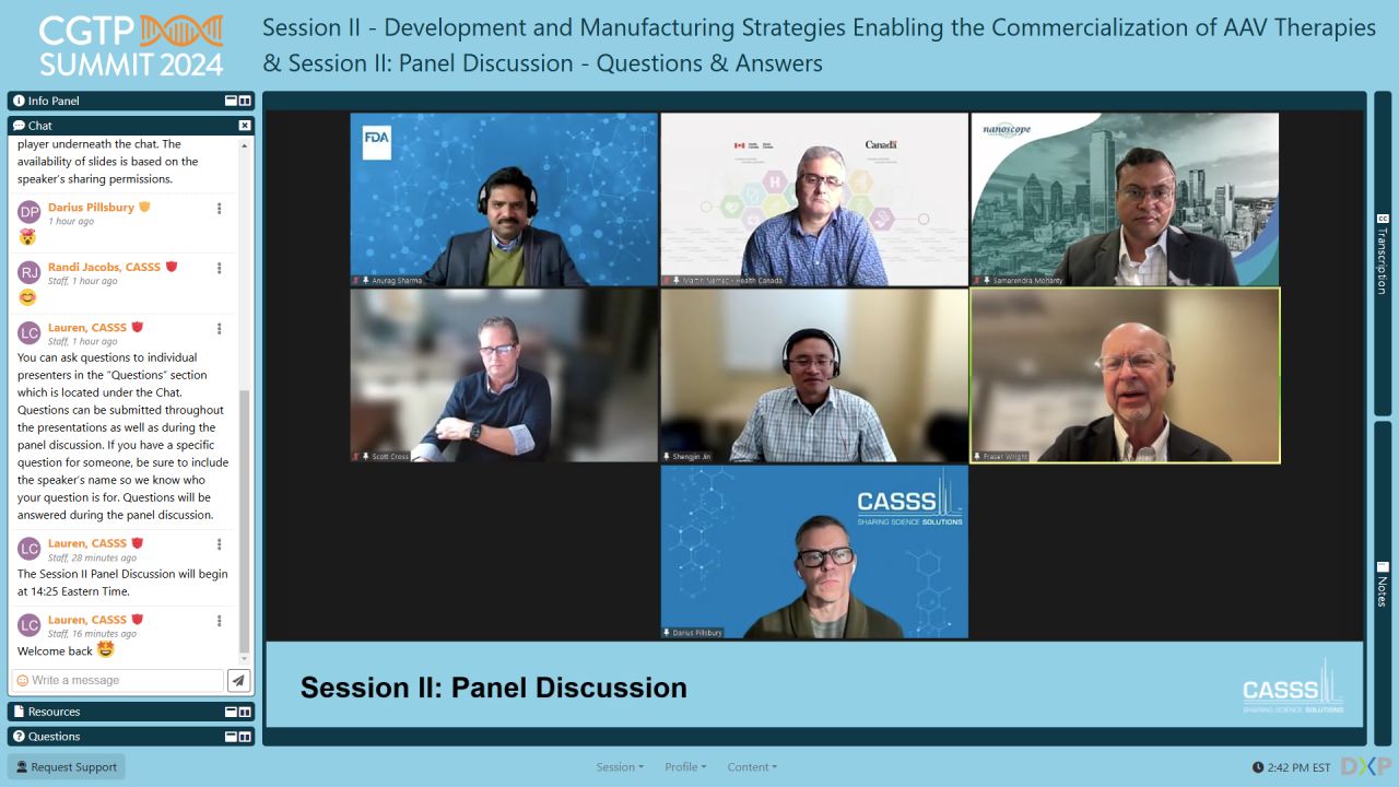 Screenshot of virtual program. Chat on the left. Session title at the top with speakers and presenters below.