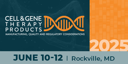 Blue and orange graphic with text 'Cell & Gene Therapy Products June 10-12, 2025 Rockville, MD'