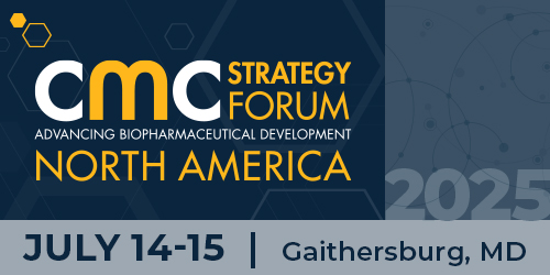 Dark blue gray graphic with text 'CMC Strategy Forum North America July 14-15, 2025 Gaithersburg, MD'