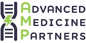 Company logo with DNA double helix and text 'Advanced Medicine Partners'