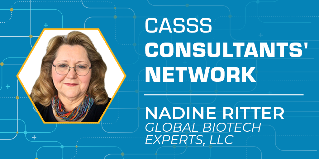 Light blue graphic and image of female with text 'CASSS Consultants' Network Nadine Ritter, Global Biotech Experts, LLC'