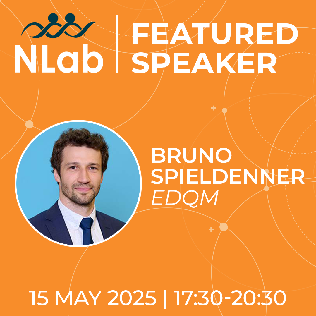 Orange graphic with professional headshot of male and text 'NLab Featured Speaker Bruno Spieldenner 15 May 2025 17:30-20:30'