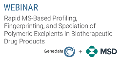 White graphic with company logos of Genedata and Merck with text 'Webinar Rapid MS-Based Profiling, Fingerprinting, and Speciation of Polymeric Excipients in Biotherapeutic Drug Products'