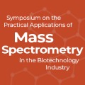 Red orange background with hexagon molecules and text 'Symposium on the Practical Applications of Mass Spectrometry in the Biotechnology Industry'