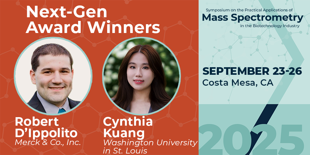 Red graphic and professional headshots of male and female with text 'Next-Gen Award Winners Robert D'Ippolito Cynthia Kuang Mass Spectrometry September 23-26, 2025 Costa Mesa, CA'