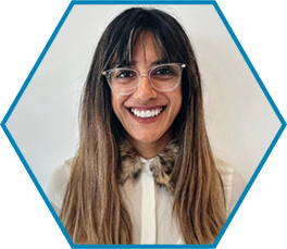 Image of woman wearing glasses in front of white background