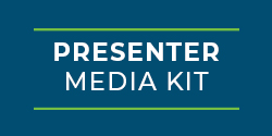 Blue graphic with text 'Presenter Media Kit'