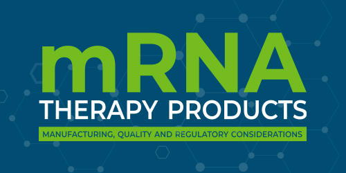 Blue graphic with text 'mRNA Therapy Products'