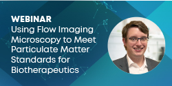 Blue graphic and professional headshot of male Austin Daniels with text 'Webinar Using Flow Imaging Microscopy to Meet Particulate Matter Standards for Biotherapeutics'