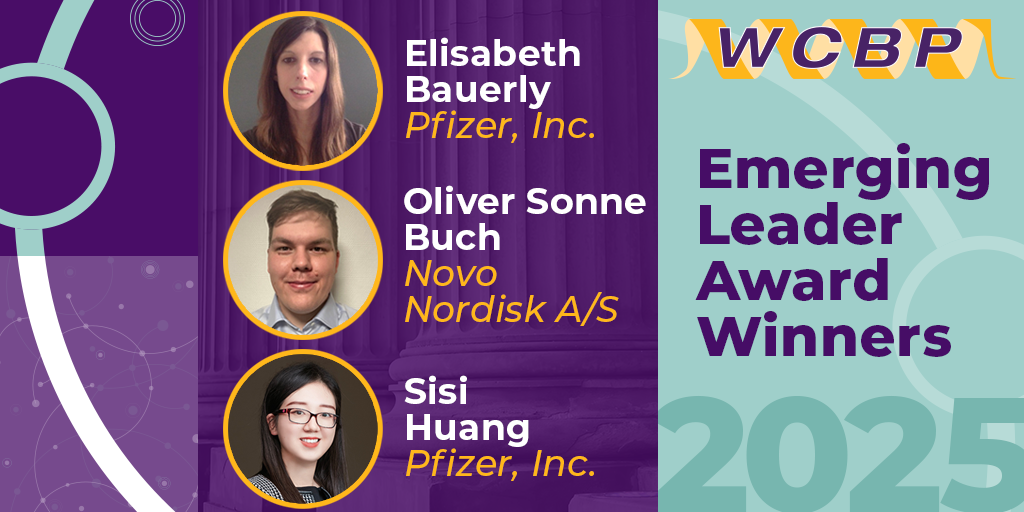 Purple graphic with professional headshots of two females and one male and text 'WCBP 2025 Emerging Leader Award Winners Elisabeth Bauerly, Oliver Sonne Buch, Sisi Huang'